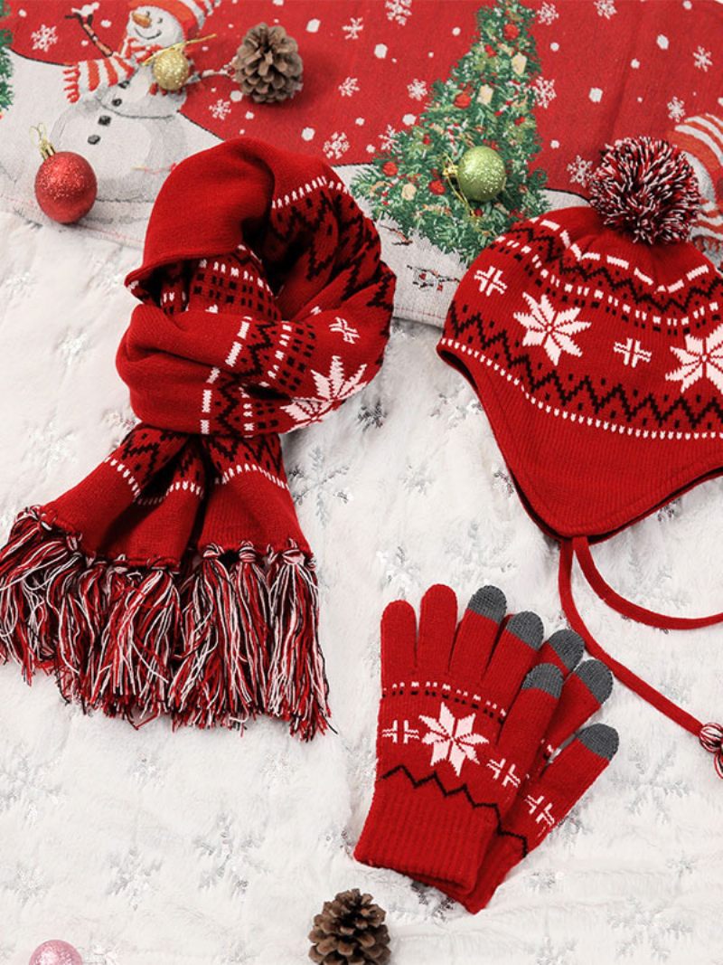 Cadeau Noël Écharpe Cap Gants 3 Pièces Ensemble Rouge