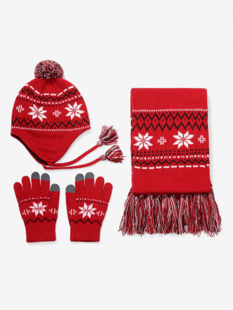 Cadeau Noël Écharpe Cap Gants 3 Pièces Ensemble Rouge - Rouge