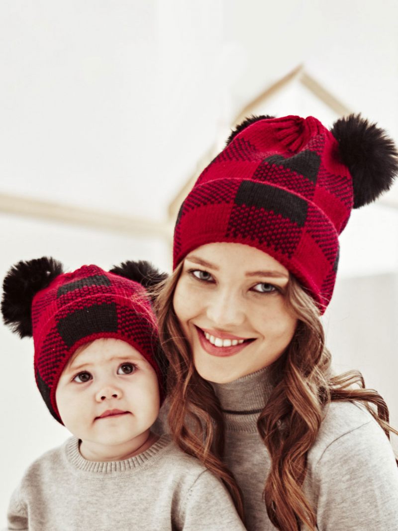 Casquettes Pour Femmes Modernes Pom Poms Plaid Acrylique Hiver Chaud Acc