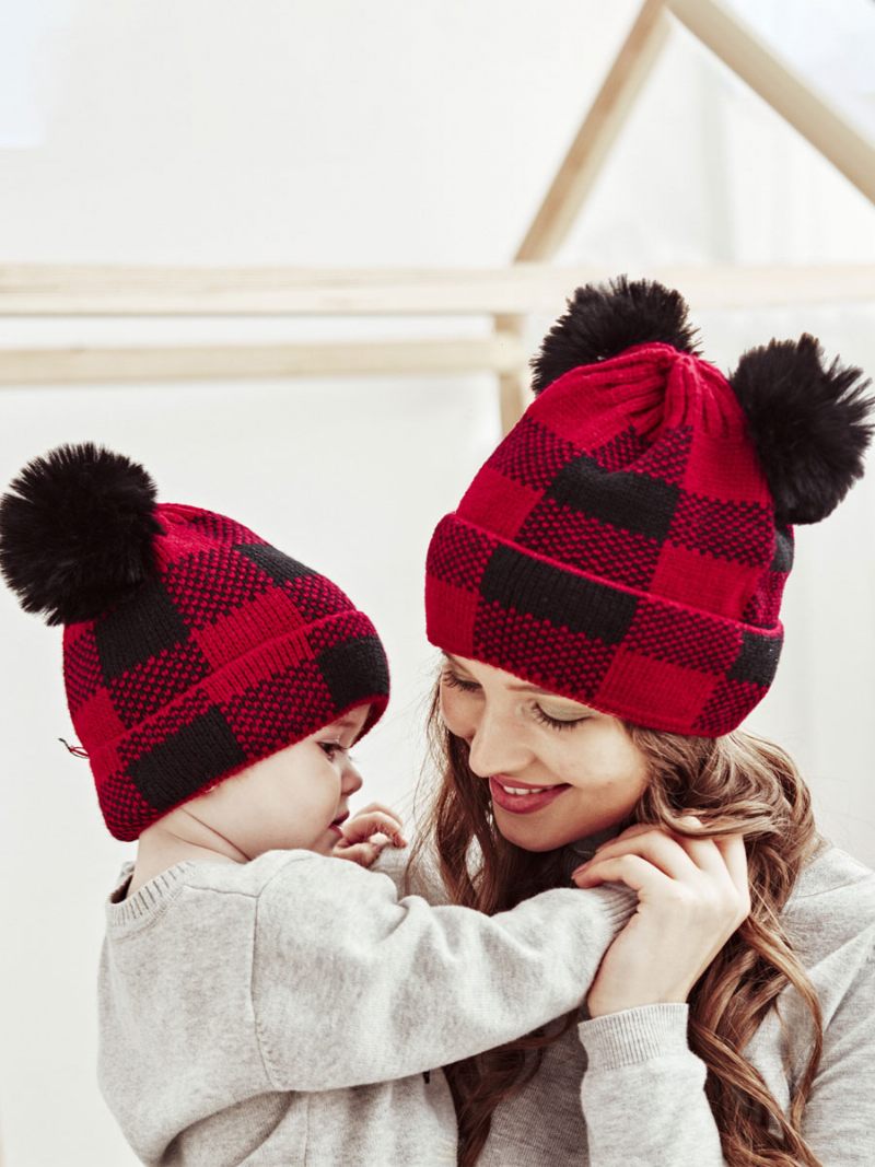 Casquettes Pour Femmes Modernes Pom Poms Plaid Acrylique Hiver Chaud Acc - Rouge