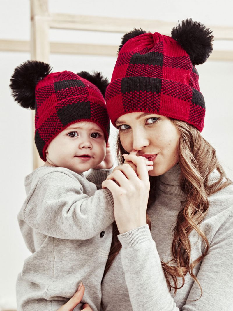 Casquettes Pour Femmes Modernes Pom Poms Plaid Acrylique Hiver Chaud Acc - Rouge