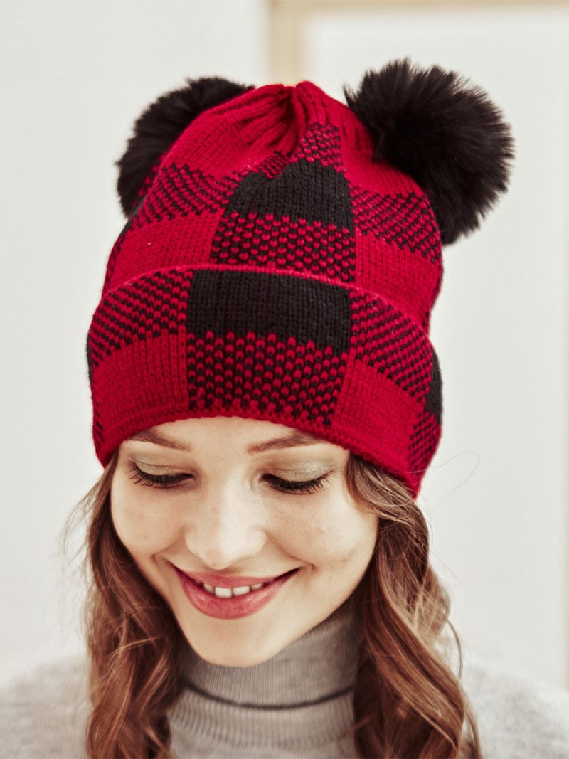 Casquettes Pour Femmes Modernes Pom Poms Plaid Acrylique Hiver Chaud Acc - Rouge