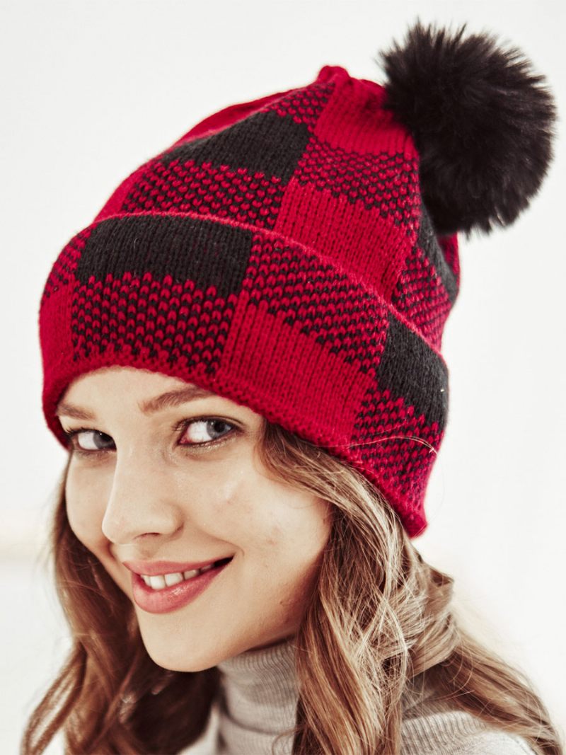 Casquettes Pour Femmes Modernes Pom Poms Plaid Acrylique Hiver Chaud Acc - Rouge