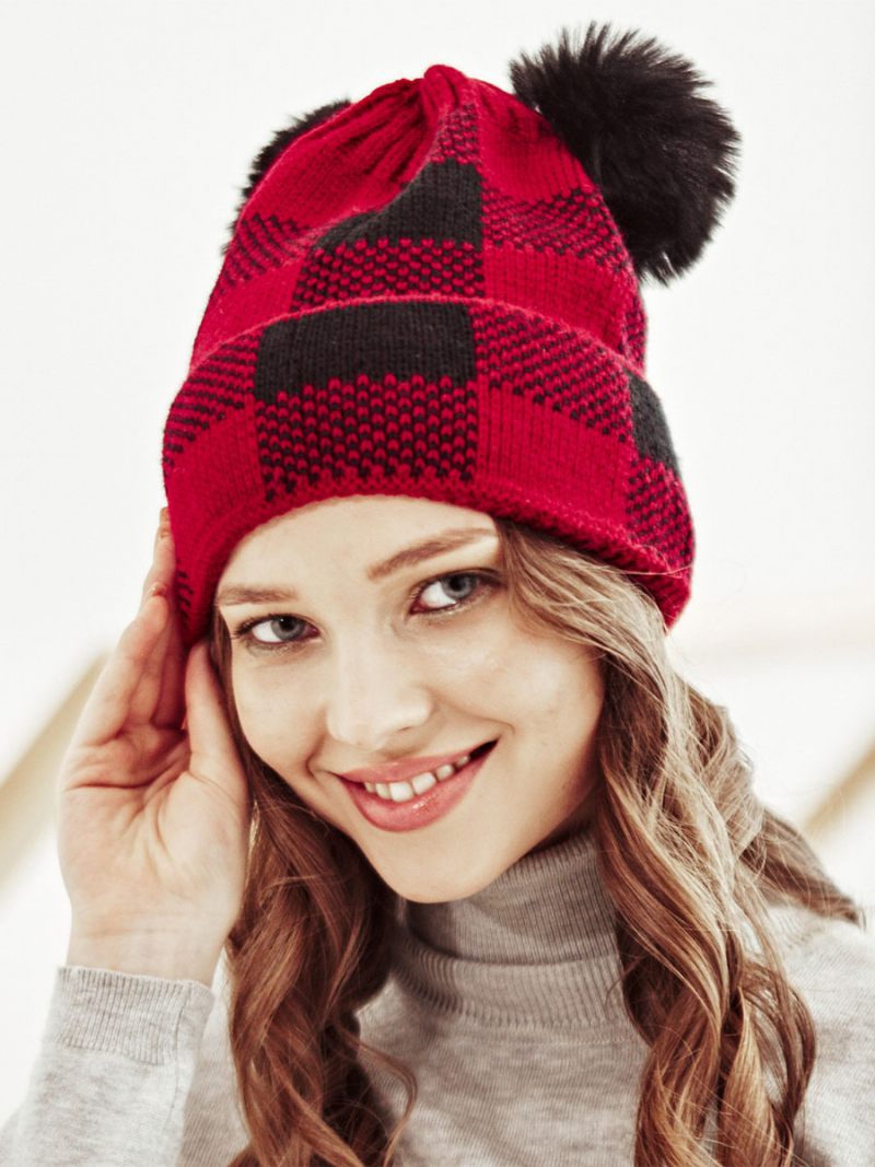 Casquettes Pour Femmes Modernes Pom Poms Plaid Acrylique Hiver Chaud Acc - Rouge