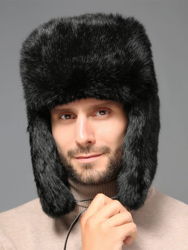 Casquettes Pour Hommes Modernes Fausse Fourrure Chapeaux Chauds D'hiver Chapeau Ushanka Russe - Noir