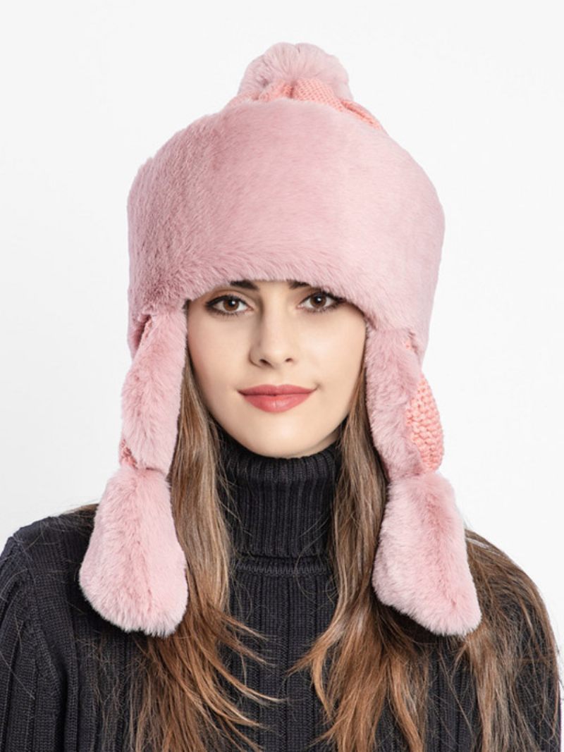 Chapeau Trooper Fausse Fourrure D'hiver Pour Femmes Avec Oreillettes Chapeaux Coupe-vent - Rose