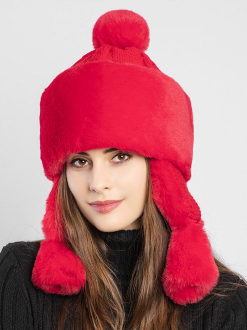 Chapeau Trooper Fausse Fourrure D'hiver Pour Femmes Avec Oreillettes Chapeaux Coupe-vent - Rouge