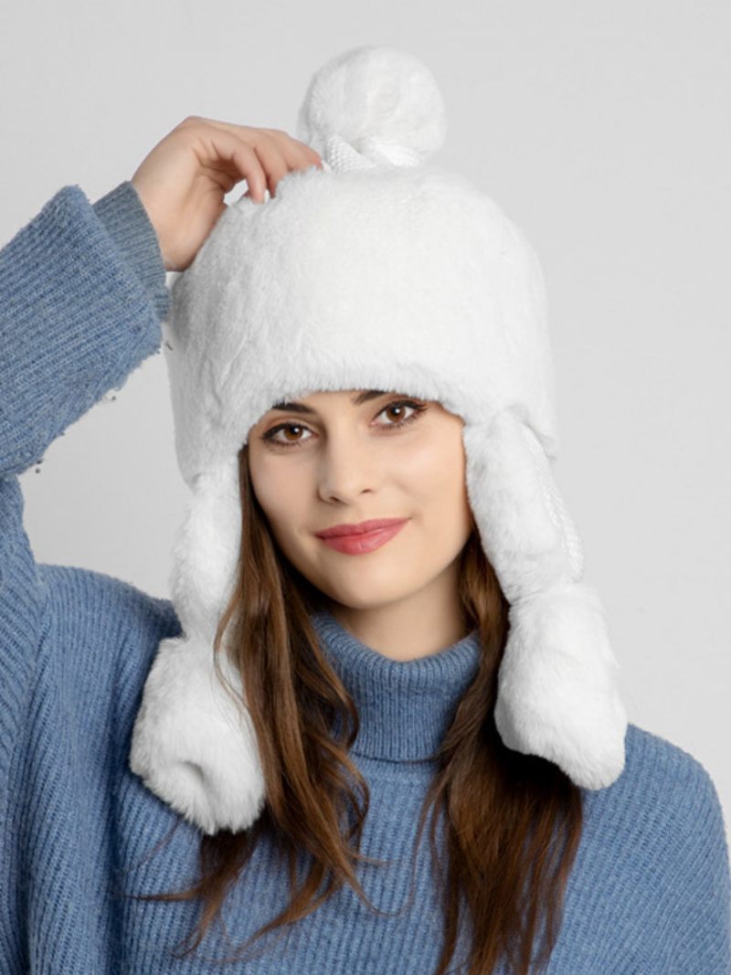 Chapeau Trooper Fausse Fourrure D'hiver Pour Femmes Avec Oreillettes Chapeaux Coupe-vent - Blanc