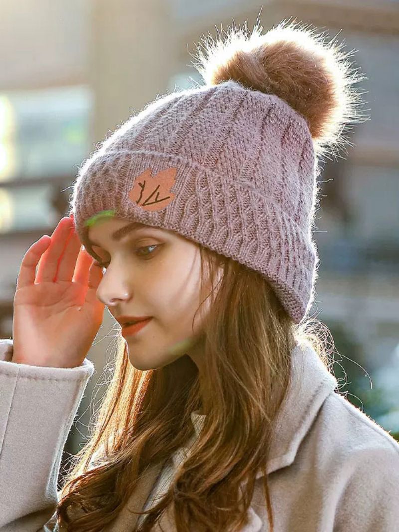 Chapeaux Pour Femmes Pompons À La Mode Décor Feuilles Chauds D'hiver Mignons - Camel