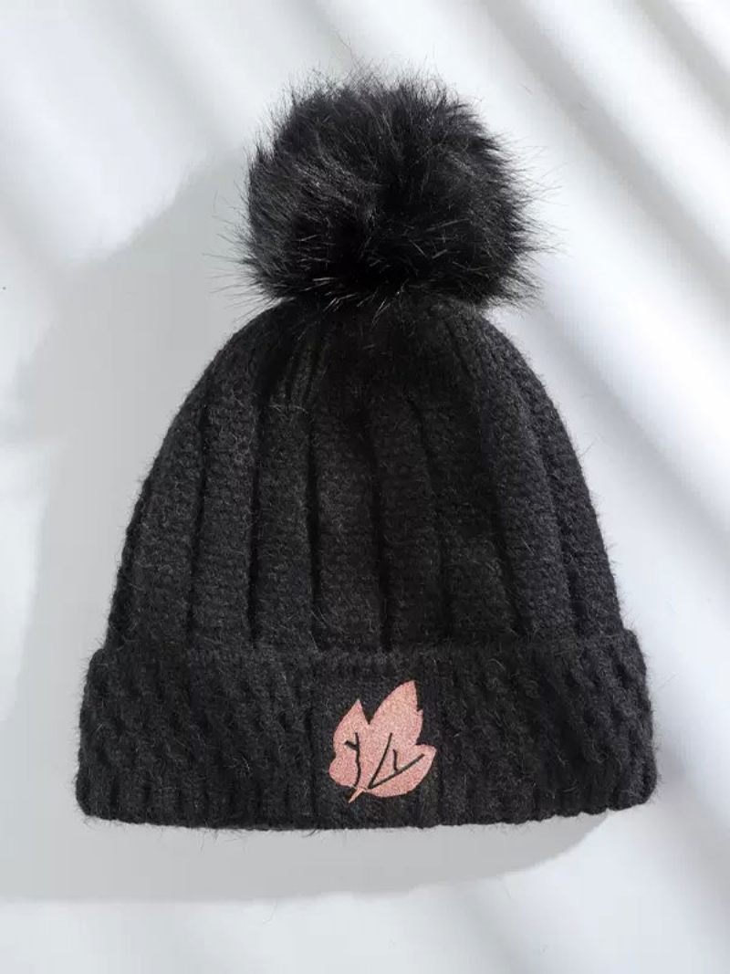 Chapeaux Pour Femmes Pompons À La Mode Décor Feuilles Chauds D'hiver Mignons - Noir