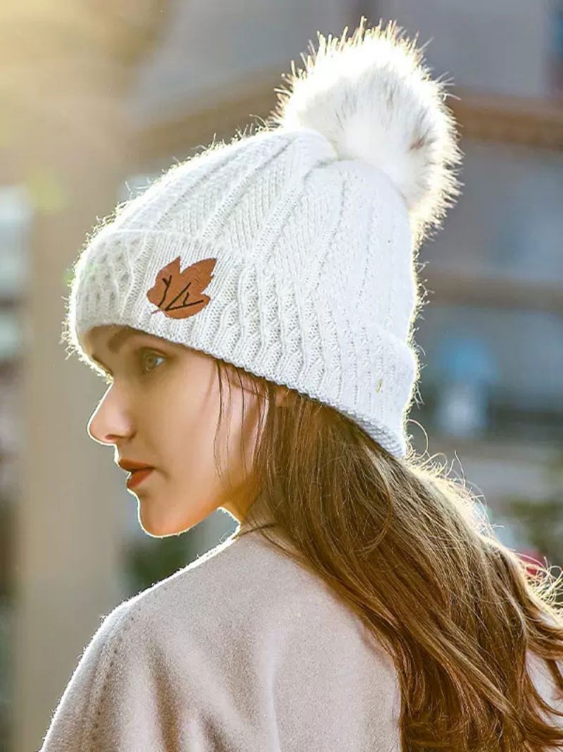 Chapeaux Pour Femmes Pompons À La Mode Décor Feuilles Chauds D'hiver Mignons - Blanc