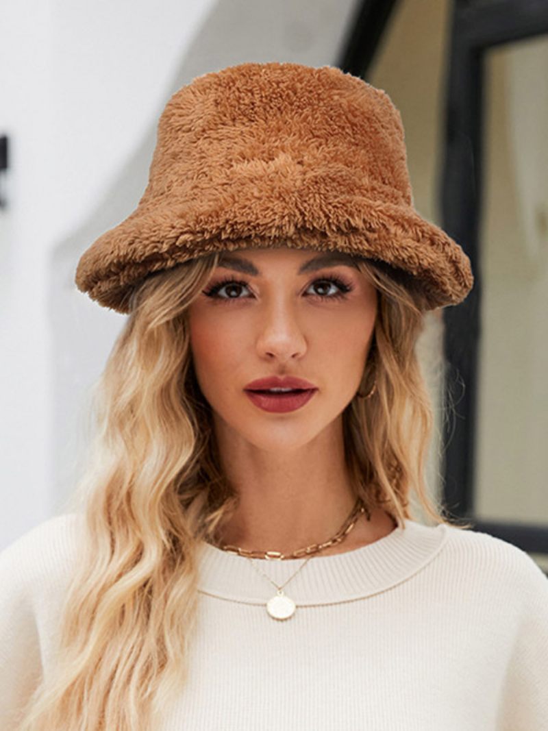 Chapeaux Pêcheur Fausse Fourrure Couleur Unie Automne Hiver Chapeau Pour Femme - Marron Clair