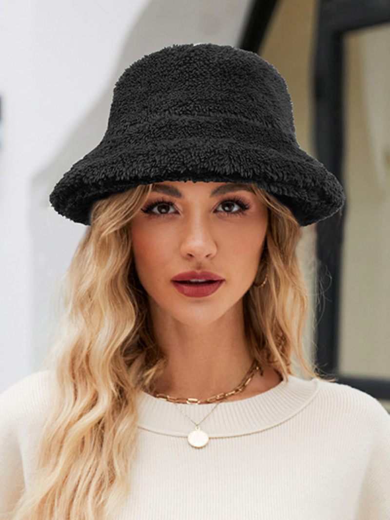 Chapeaux Pêcheur Fausse Fourrure Couleur Unie Automne Hiver Chapeau Pour Femme - Noir