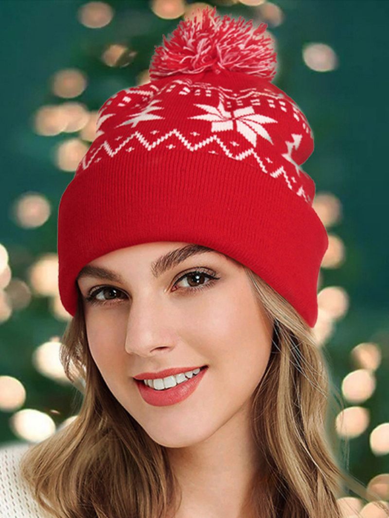 Pom Poms Hats Bonnet Noël Flocon Neige Pour Femme Rouge - Rouge