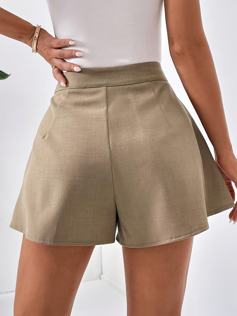 Short Couleur Unie Pour Femmes Plissé Taille Haute Bouton Décontracté Été - Kaki