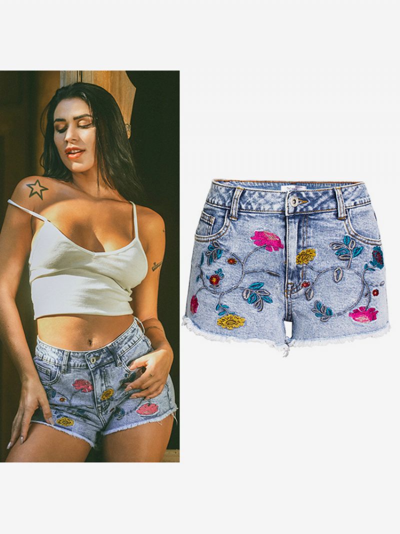 Short Femme Chic Brodé Coton - Bleu Ciel Clair