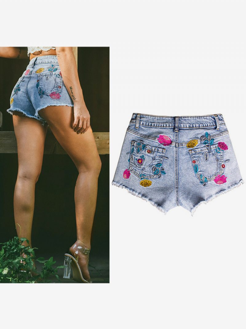 Short Femme Chic Brodé Coton - Bleu Ciel Clair