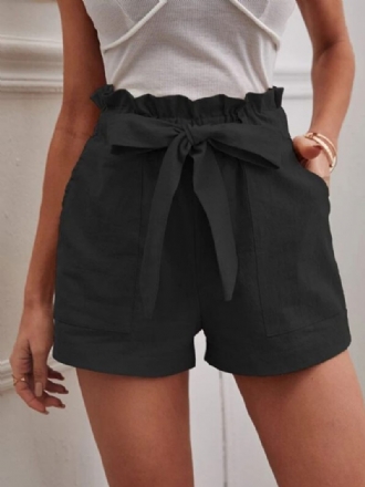 Short Lin Pour Femmes Taille Élastique Poches Avec Nœud Papillon Bas D'été Mignons