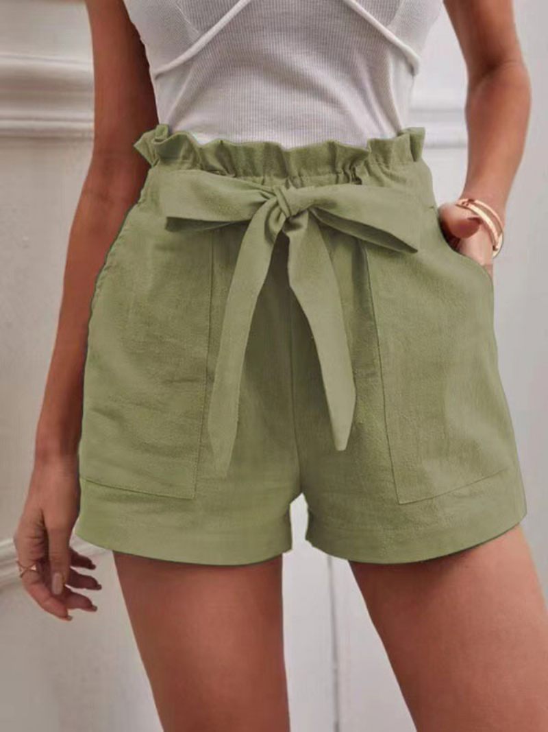 Short Lin Pour Femmes Taille Élastique Poches Avec Nœud Papillon Bas D'été Mignons - Vert Herbe