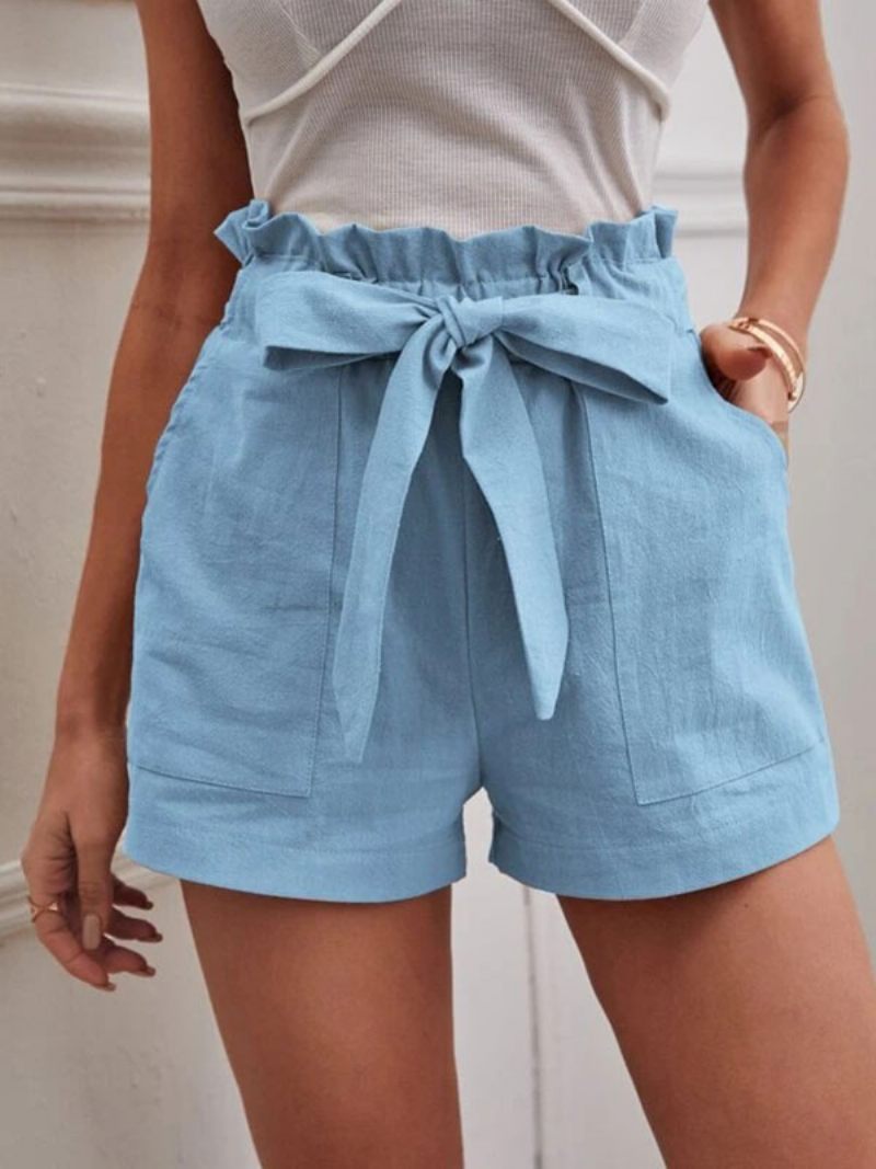 Short Lin Pour Femmes Taille Élastique Poches Avec Nœud Papillon Bas D'été Mignons - Bleu Ciel Clair