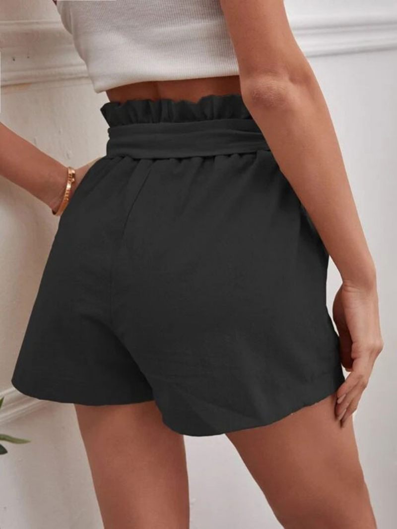 Short Lin Pour Femmes Taille Élastique Poches Avec Nœud Papillon Bas D'été Mignons - Noir