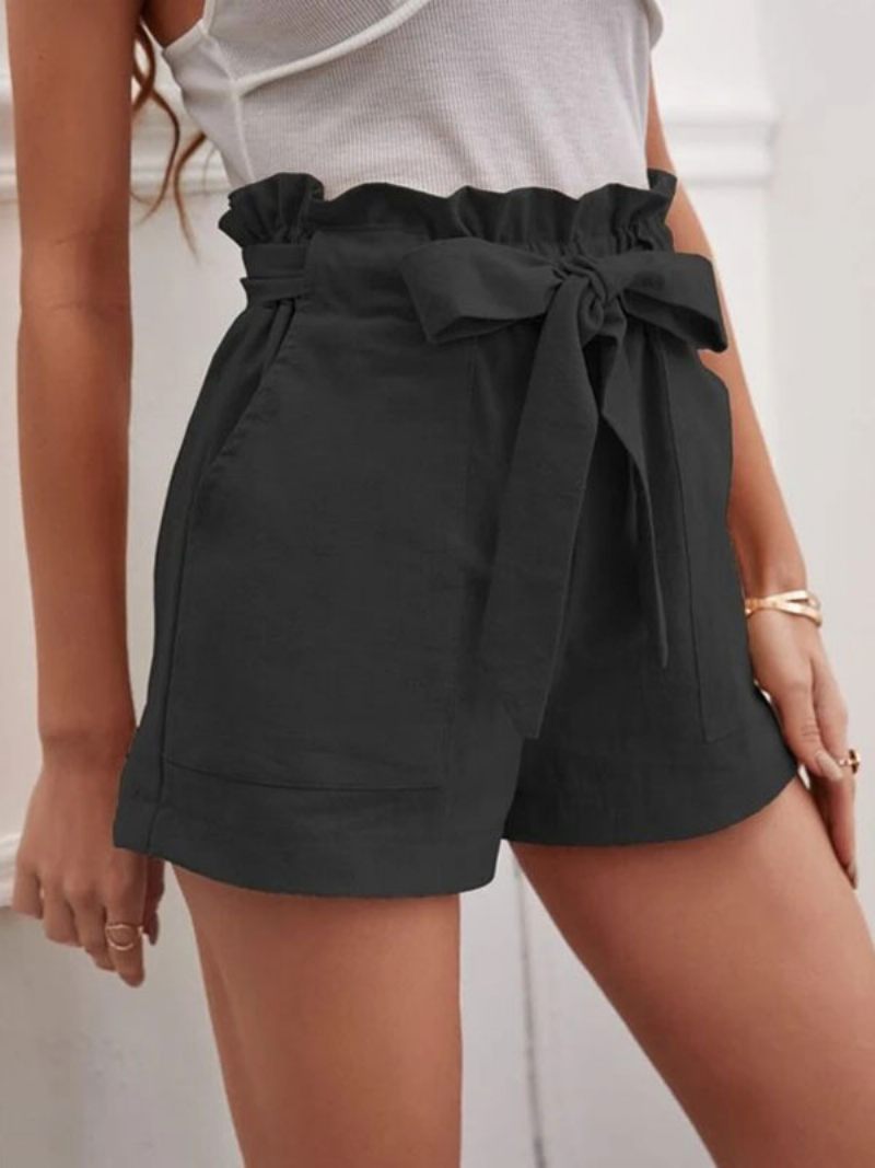 Short Lin Pour Femmes Taille Élastique Poches Avec Nœud Papillon Bas D'été Mignons - Noir