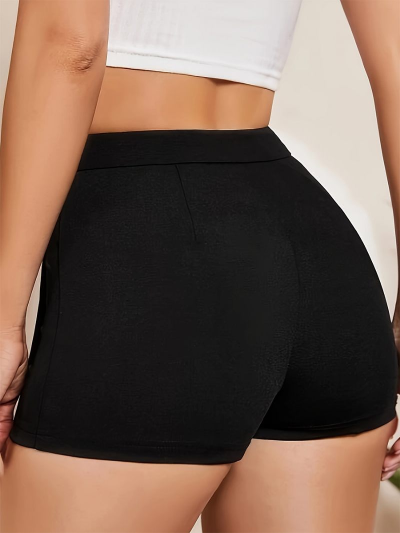 Short Plissé Couleur Unie Pour Femmes Taille Haute Asymétrique Décontracté Été - Noir