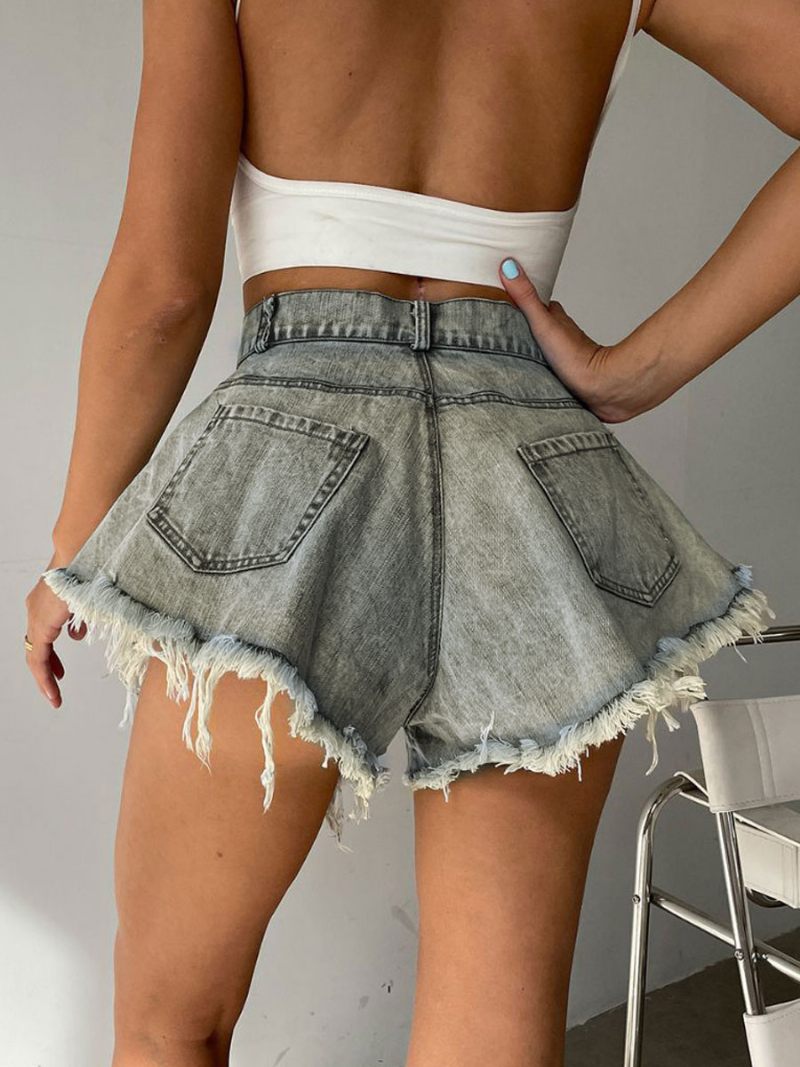 Shorts Pour Femmes Bas Cowboy Jean À Franges - Bleu Ciel Clair