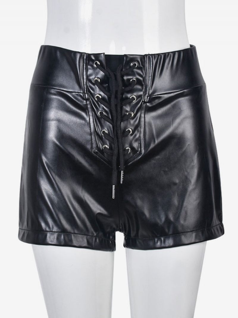 Shorts Pour Femmes Œillets Sexy Bas Cuir Pu - Noir