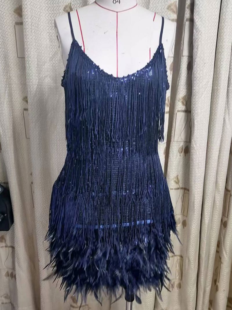 Mini Robe D'été Pour Femmes Bretelles Spaghetti Pompon Ourlet Plumes Fête D'anniversaire - Bleu Royal