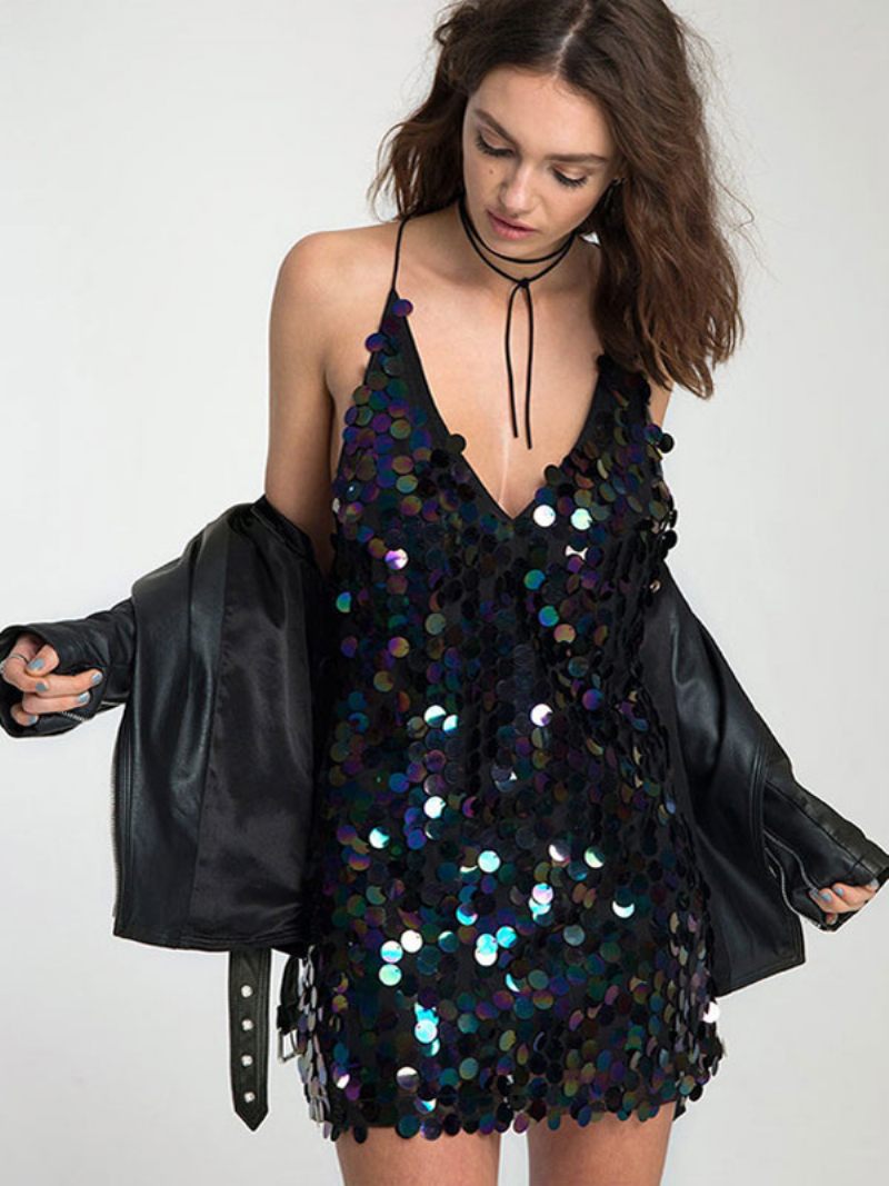 Mini Robe À Paillettes Colorées Pour Femmes Col V Dos Ouvert Robes Fête D'anniversaire Sexy