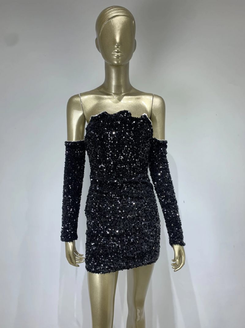 Mini Robe À Paillettes Pour Femmes Épaules Dénudées Robes Sexy Conception Irrégulière - Noir