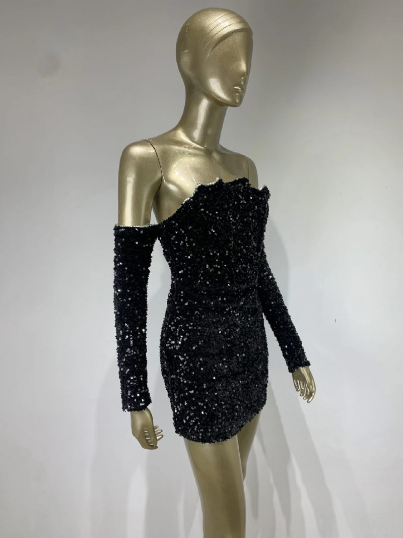 Mini Robe À Paillettes Pour Femmes Épaules Dénudées Robes Sexy Conception Irrégulière - Noir