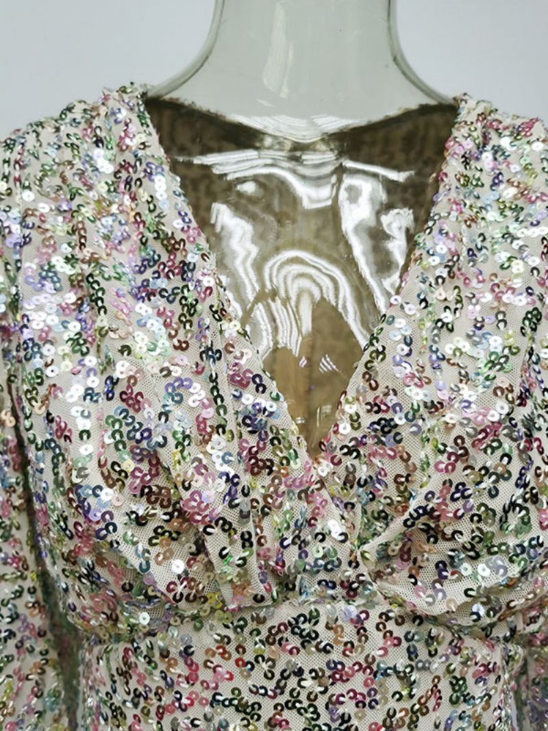 Mini Robe À Paillettes Pour Femmes Manches Longues V Profond Poignets Robes Fête D'anniversaire Féminines - Comme Image