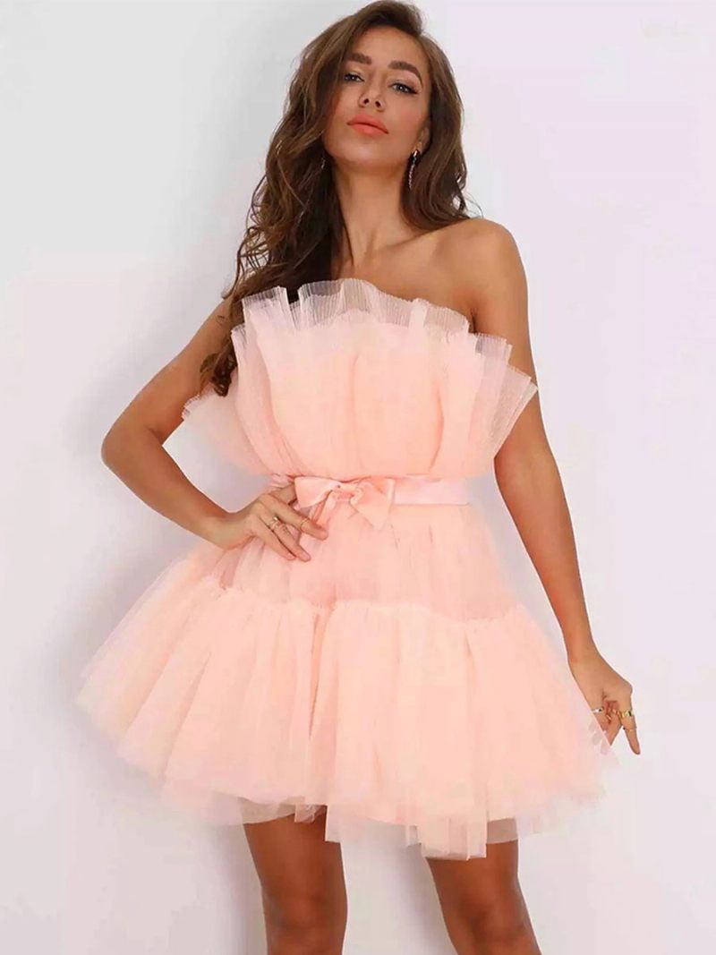 Mini Robe Tulle Pour Femme Sans Bretelles Plissée Manches Dos Nu Avec Nœuds Superposée