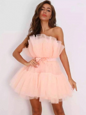 Mini Robe Tulle Pour Femme Sans Bretelles Plissée Manches Dos Nu Avec Nœuds Superposée