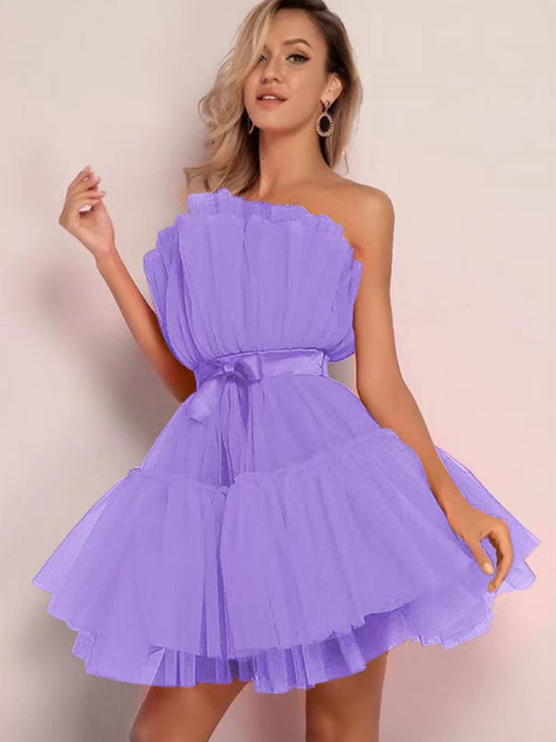 Mini Robe Tulle Pour Femme Sans Bretelles Plissée Manches Dos Nu Avec Nœuds Superposée - Violet