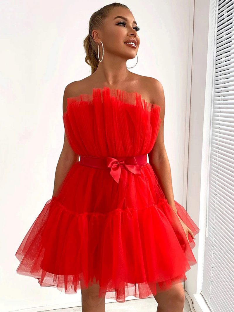 Mini Robe Tulle Pour Femme Sans Bretelles Plissée Manches Dos Nu Avec Nœuds Superposée - Rouge