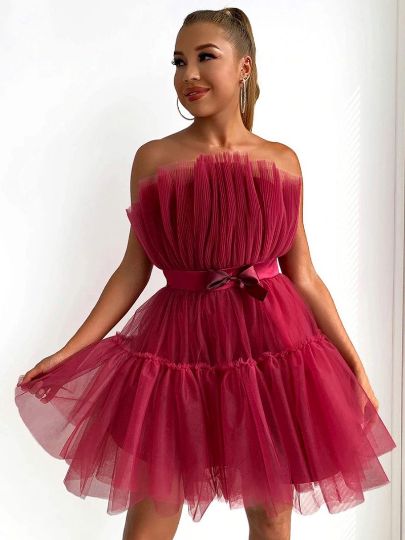 Mini Robe Tulle Pour Femme Sans Bretelles Plissée Manches Dos Nu Avec Nœuds Superposée - Bourgogne