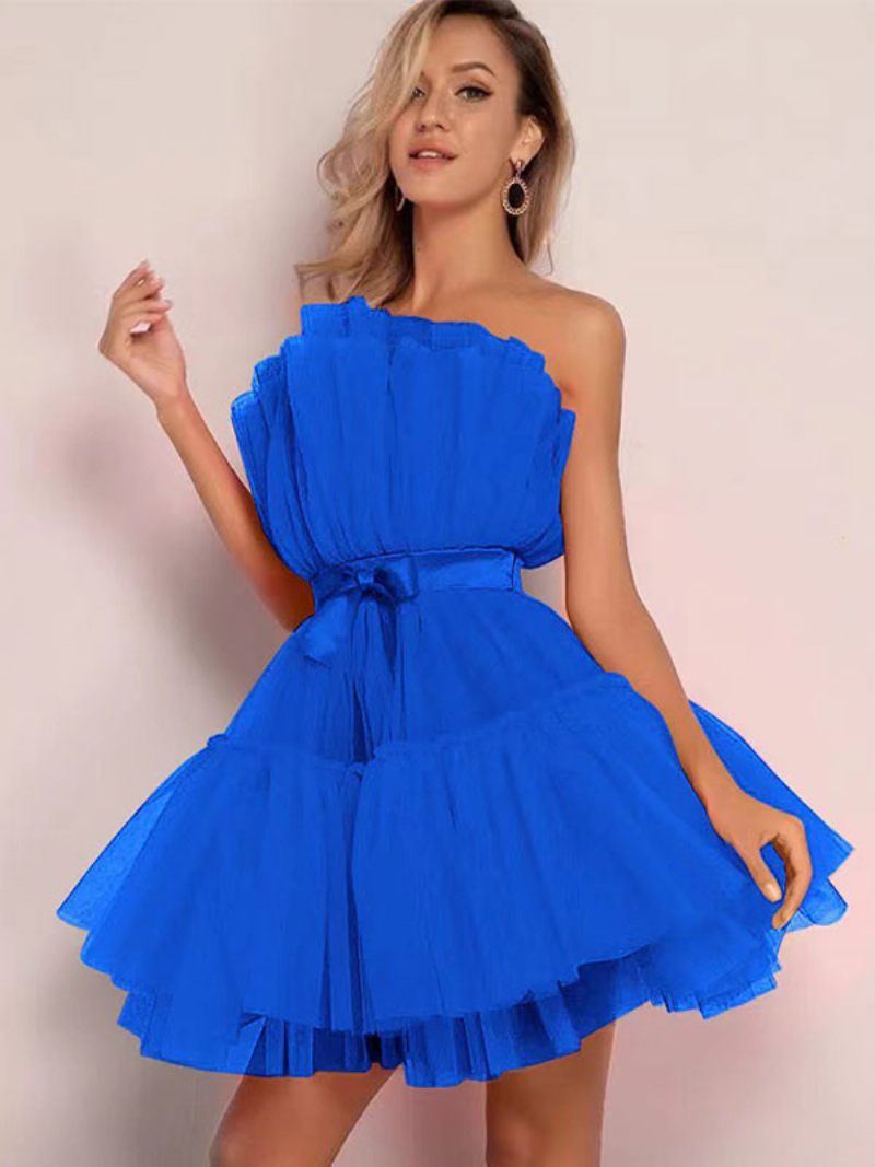 Mini Robe Tulle Pour Femme Sans Bretelles Plissée Manches Dos Nu Avec Nœuds Superposée - Bleu