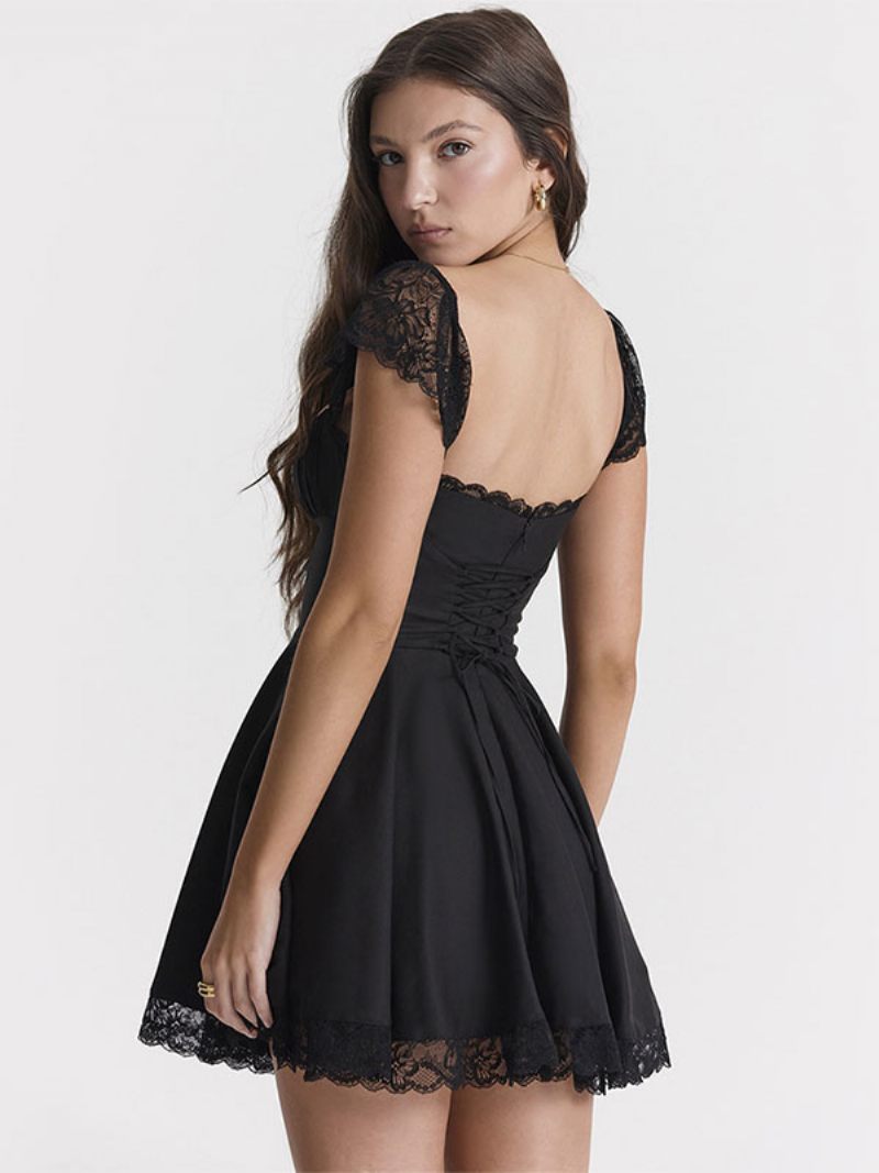 Mini Robes Soirée Pour Femmes Sans Manches Robe Mariée Courte Dentelle - Noir