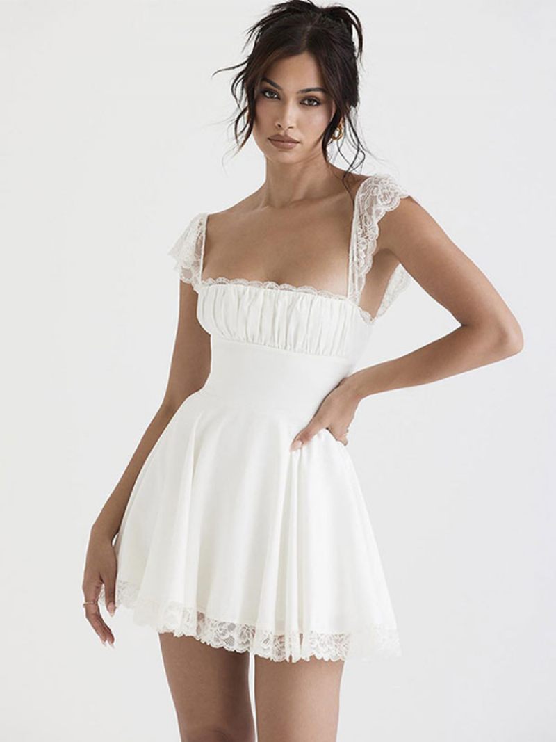 Mini Robes Soirée Pour Femmes Sans Manches Robe Mariée Courte Dentelle - Blanc