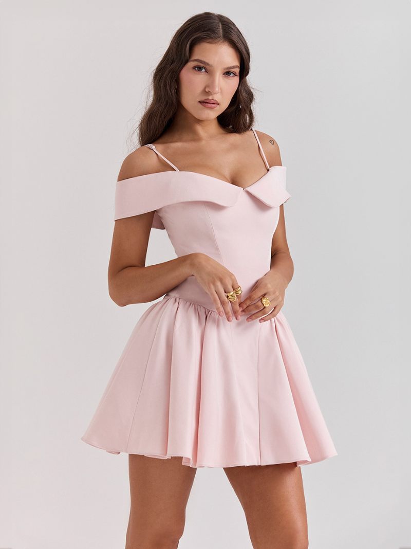 Petite Robe Noire Pour Femmes Bretelles Spaghetti Évasée Mini Robes Fête D'anniversaire - Rose