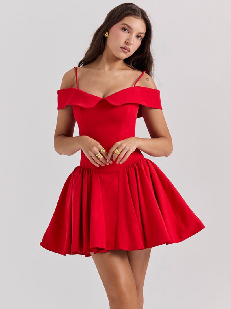 Petite Robe Noire Pour Femmes Bretelles Spaghetti Évasée Mini Robes Fête D'anniversaire - Rouge