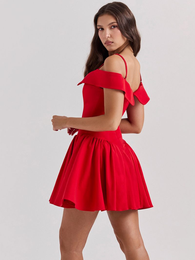 Petite Robe Noire Pour Femmes Bretelles Spaghetti Évasée Mini Robes Fête D'anniversaire - Rouge