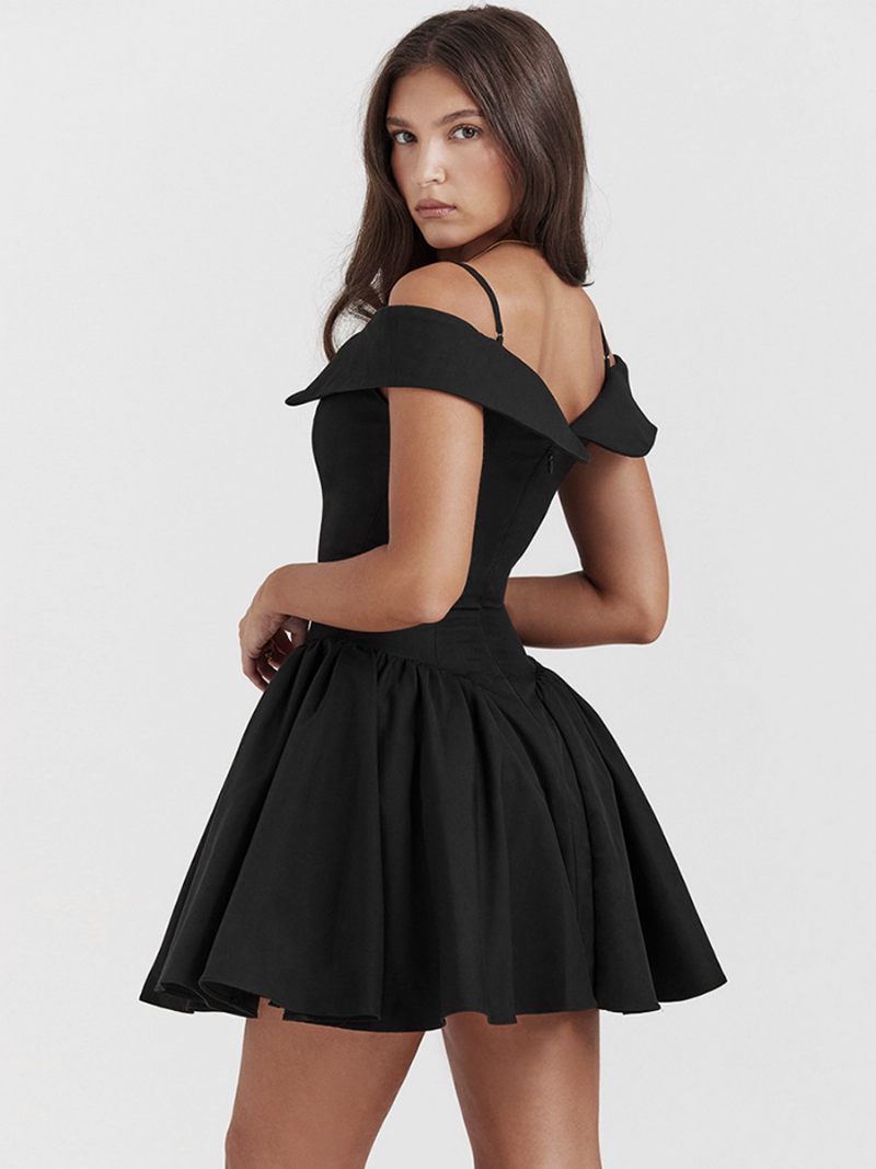 Petite Robe Noire Pour Femmes Bretelles Spaghetti Évasée Mini Robes Fête D'anniversaire - Noir