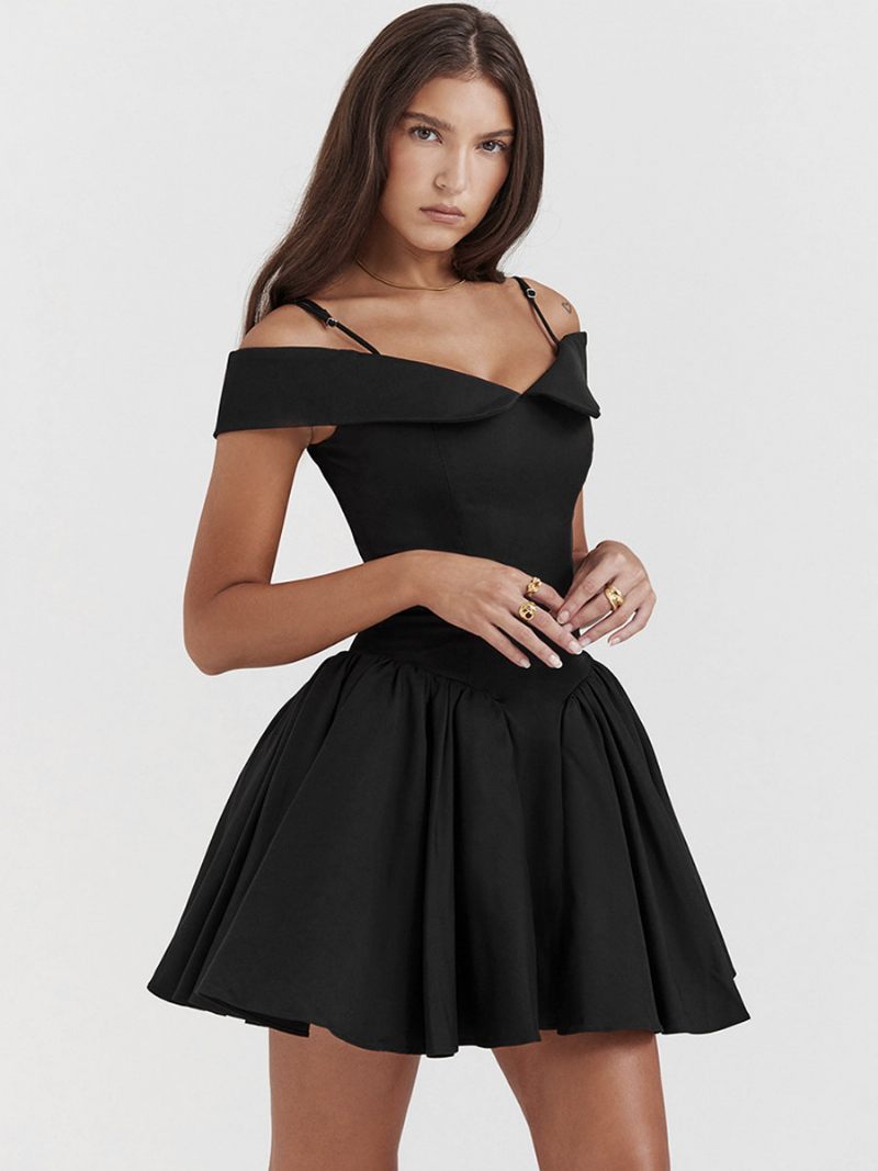 Petite Robe Noire Pour Femmes Bretelles Spaghetti Évasée Mini Robes Fête D'anniversaire - Noir