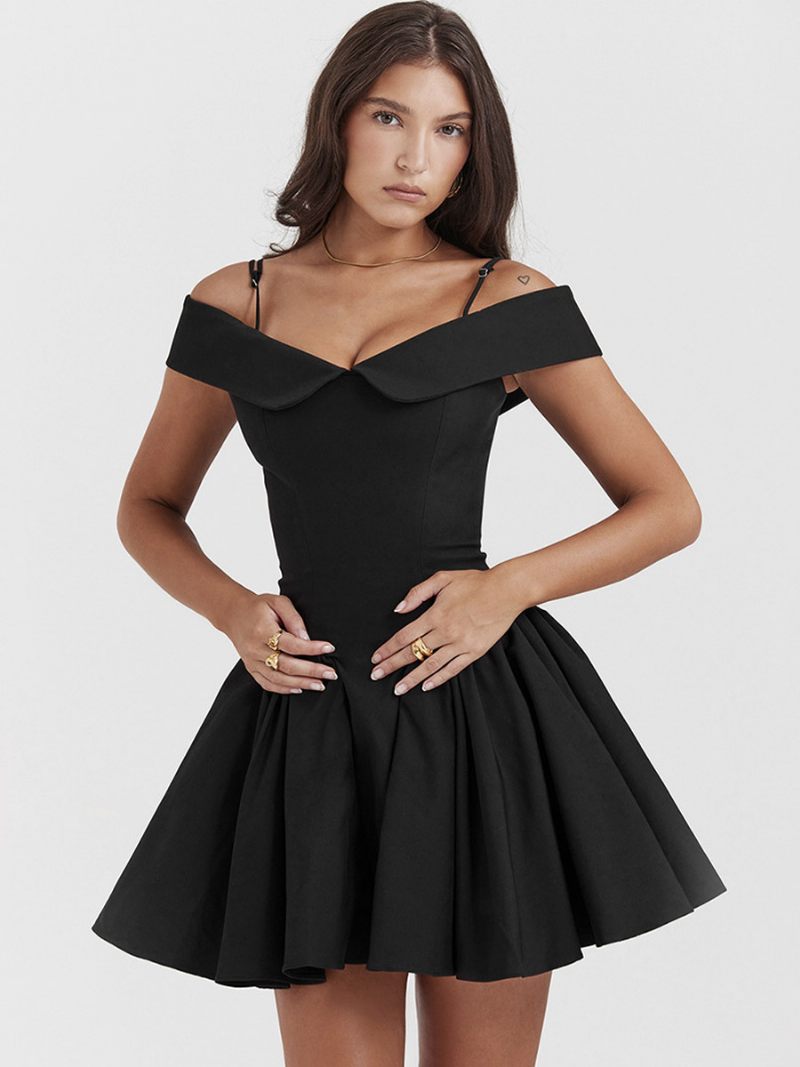 Petite Robe Noire Pour Femmes Bretelles Spaghetti Évasée Mini Robes Fête D'anniversaire - Noir