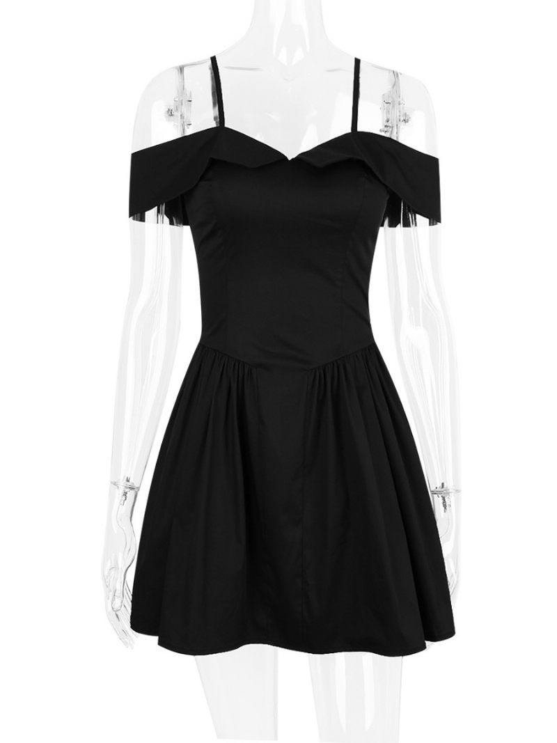 Petite Robe Noire Pour Femmes Bretelles Spaghetti Évasée Mini Robes Fête D'anniversaire - Noir