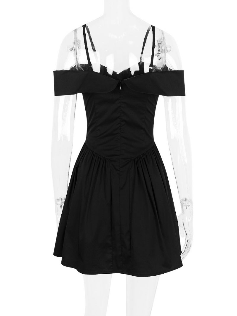 Petite Robe Noire Pour Femmes Bretelles Spaghetti Évasée Mini Robes Fête D'anniversaire - Noir